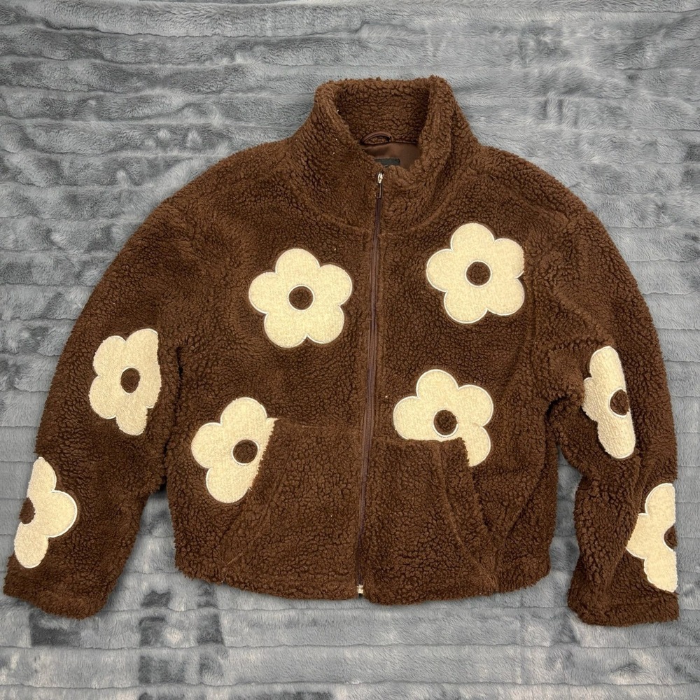 Mark Edwards Studio Brown Sherpa Fleece Daisy Floral Zip Up Jacket Small Retro